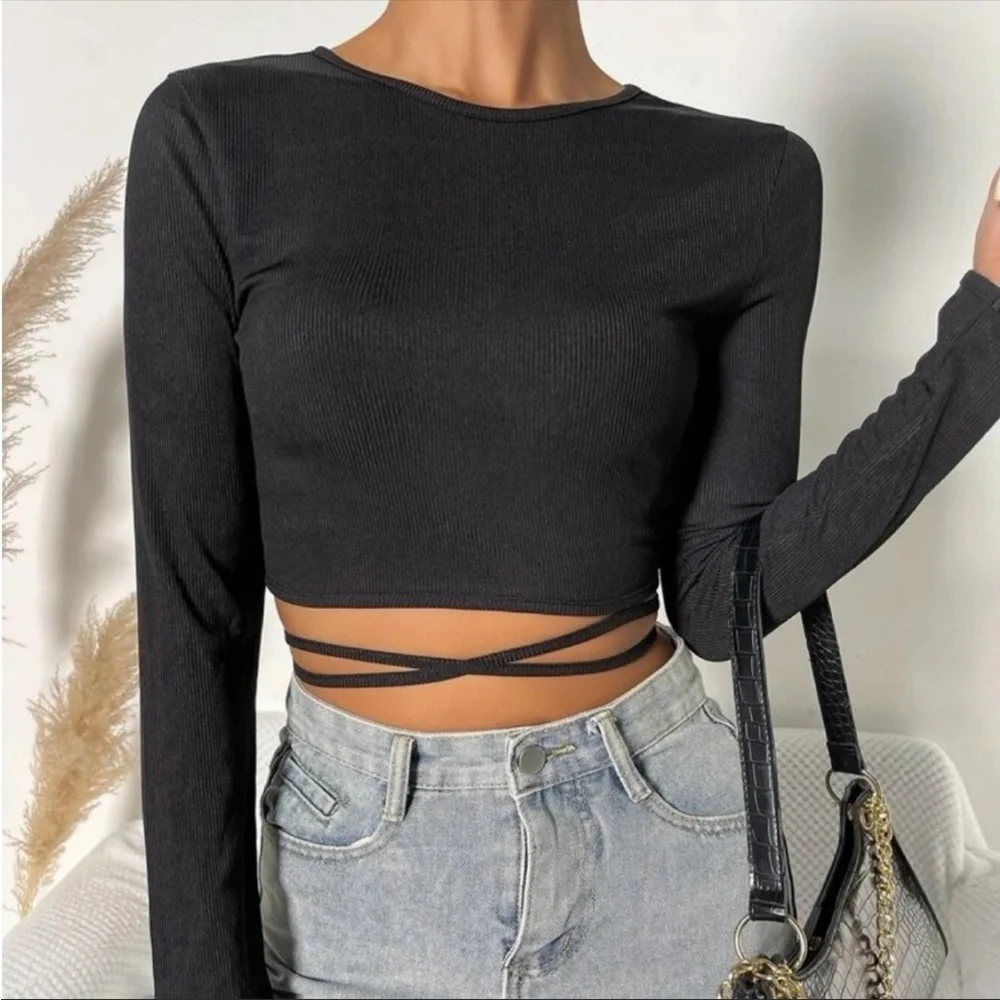 NWT SHEIN Criss Cross Tie-Back Rib Knit Crop Top